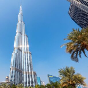 Dubai, United Arab Emirates - November 29 2022: The Burj Khalifa skyscraper, the tallest building in the world in the commercial downtown district of Dubai, United Arab Emirates.